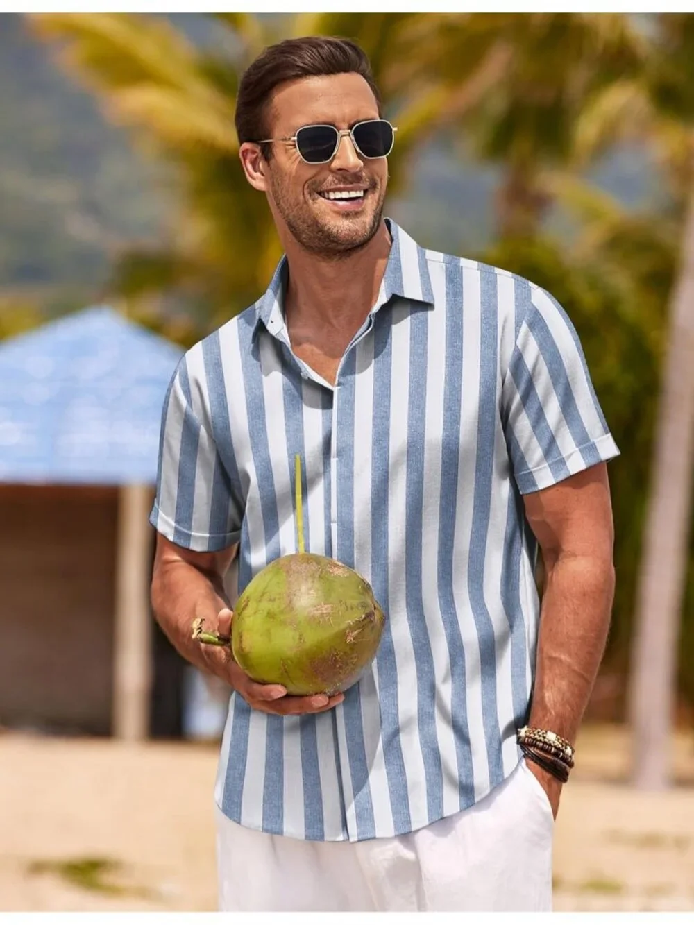 Men's Blue-white Stripes Classic Beach Linen Short Sleeve Casual Imported Shirt